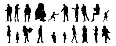 Vektör siluetleri, insanların ana hatları, Contour çizimleri, insanların siluetleri, ikon kümesi izole edilmiş, oturan insanların silueti, mimari set