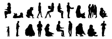 Vektör siluetleri, insanların ana hatları, Contour çizimleri, insanların siluetleri, ikon kümesi izole edilmiş, oturan insanların silueti, mimari set