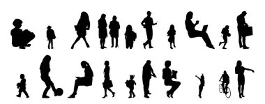 Vektör siluetleri, insanların ana hatları, Contour çizimleri, insanların siluetleri, ikon kümesi izole edilmiş, oturan insanların silueti, mimari set
