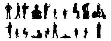 Vektör siluetleri, insanların ana hatları, Contour çizimleri, insanların siluetleri, ikon kümesi izole edilmiş, oturan insanların silueti, mimari set