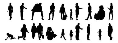 Vektör siluetleri, insanların ana hatları, Contour çizimleri, insanların siluetleri, ikon kümesi izole edilmiş, oturan insanların silueti, mimari set