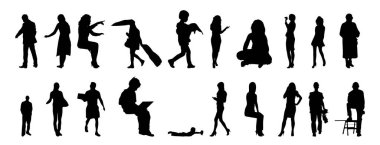 Vektör siluetleri, insanların ana hatları, Contour çizimleri, insanların siluetleri, ikon kümesi izole edilmiş, oturan insanların silueti, mimari set