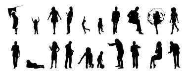 Vektör siluetleri, insanların ana hatları, Contour çizimleri, insanların siluetleri, ikon kümesi izole edilmiş, oturan insanların silueti, mimari set