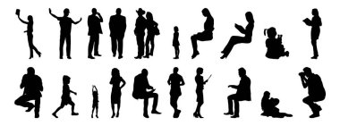 Vektör siluetleri, insanların ana hatları, Contour çizimleri, insanların siluetleri, ikon kümesi izole edilmiş, oturan insanların silueti, mimari set