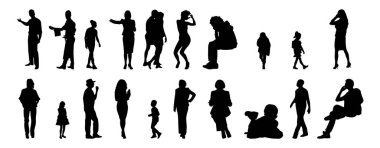 Vektör siluetleri, insanların ana hatları, Contour çizimleri, insanların siluetleri, ikon kümesi izole edilmiş, oturan insanların silueti, mimari set