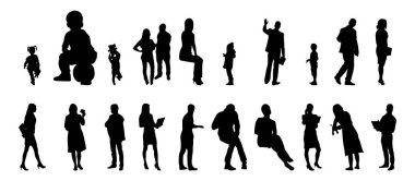 Vektör siluetleri, insanların ana hatları, Contour çizimleri, insanların siluetleri, ikon kümesi izole edilmiş, oturan insanların silueti, mimari set