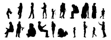 Vektör siluetleri, insanların ana hatları, Contour çizimleri, insanların siluetleri, ikon kümesi izole edilmiş, oturan insanların silueti, mimari set