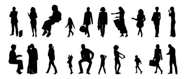 Vektör siluetleri, insanların ana hatları, Contour çizimleri, insanların siluetleri, ikon kümesi izole edilmiş, oturan insanların silueti, mimari set
