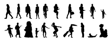 Vektör siluetleri, insanların ana hatları, Contour çizimleri, insanların siluetleri, ikon kümesi izole edilmiş, oturan insanların silueti, mimari set