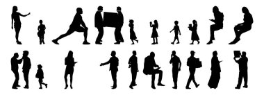 Vektör siluetleri, insanların ana hatları, Contour çizimleri, insanların siluetleri, ikon kümesi izole edilmiş, oturan insanların silueti, mimari set