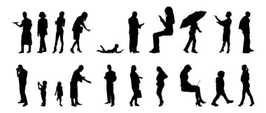 Vektör siluetleri, insanların ana hatları, Contour çizimleri, insanların siluetleri, ikon kümesi izole edilmiş, oturan insanların silueti, mimari set