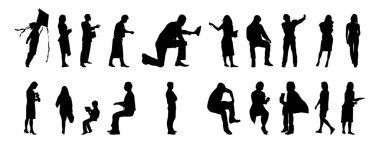 Vektör siluetleri, insanların ana hatları, Contour çizimleri, insanların siluetleri, ikon kümesi izole edilmiş, oturan insanların silueti, mimari set