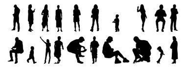 Vektör siluetleri, insanların ana hatları, Contour çizimleri, insanların siluetleri, ikon kümesi izole edilmiş, oturan insanların silueti, mimari set