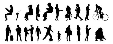 Vektör siluetleri, insanların ana hatları, Contour çizimleri, insanların siluetleri, ikon kümesi izole edilmiş, oturan insanların silueti, mimari set