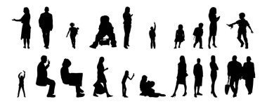 Vektör siluetleri, insanların ana hatları, Contour çizimleri, insanların siluetleri, ikon kümesi izole edilmiş, oturan insanların silueti, mimari set