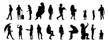 Vektör siluetleri, insanların ana hatları, Contour çizimleri, insanların siluetleri, ikon kümesi izole edilmiş, oturan insanların silueti, mimari set