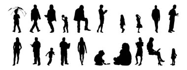 Vektör siluetleri, insanların ana hatları, Contour çizimleri, insanların siluetleri, ikon kümesi izole edilmiş, oturan insanların silueti, mimari set