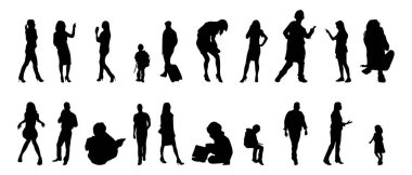 Vektör siluetleri, insanların ana hatları, Contour çizimleri, insanların siluetleri, ikon kümesi izole edilmiş, oturan insanların silueti, mimari set