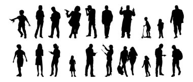 Vektör siluetleri, insanların ana hatları, Contour çizimleri, insanların siluetleri, ikon kümesi izole edilmiş, oturan insanların silueti, mimari set