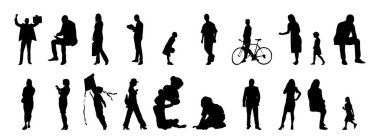 Vektör siluetleri, insanların ana hatları, Contour çizimleri, insanların siluetleri, ikon kümesi izole edilmiş, oturan insanların silueti, mimari set