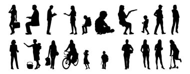 Vektör siluetleri, insanların ana hatları, Contour çizimleri, insanların siluetleri, ikon kümesi izole edilmiş, oturan insanların silueti, mimari set