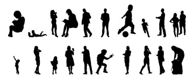 Vektör siluetleri, insanların ana hatları, Contour çizimleri, insanların siluetleri, ikon kümesi izole edilmiş, oturan insanların silueti, mimari set