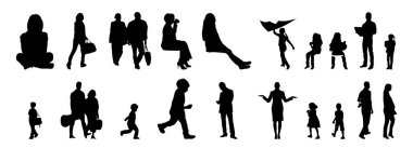 Vektör siluetleri, insanların ana hatları, Contour çizimleri, insanların siluetleri, ikon kümesi izole edilmiş, oturan insanların silueti, mimari set