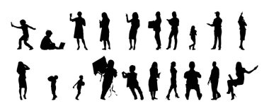 Vektör siluetleri, insanların ana hatları, Contour çizimleri, insanların siluetleri, ikon kümesi izole edilmiş, oturan insanların silueti, mimari set