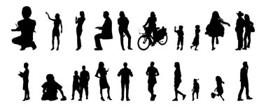 Vektör siluetleri, insanların ana hatları, Contour çizimleri, insanların siluetleri, ikon kümesi izole edilmiş, oturan insanların silueti, mimari set