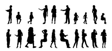 Vektör siluetleri, insanların ana hatları, Contour çizimleri, insanların siluetleri, ikon kümesi izole edilmiş, oturan insanların silueti, mimari set