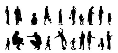 Vektör siluetleri, insanların ana hatları, Contour çizimleri, insanların siluetleri, ikon kümesi izole edilmiş, oturan insanların silueti, mimari set