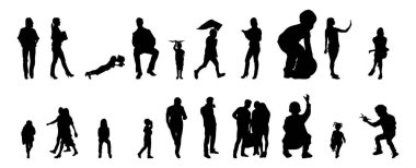 Vektör siluetleri, insanların ana hatları, Contour çizimleri, insanların siluetleri, ikon kümesi izole edilmiş, oturan insanların silueti, mimari set