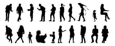 Vektör siluetleri, insanların ana hatları, Contour çizimleri, insanların siluetleri, ikon kümesi izole edilmiş, oturan insanların silueti, mimari set
