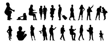 Vektör siluetleri, insanların ana hatları, Contour çizimleri, insanların siluetleri, ikon kümesi izole edilmiş, oturan insanların silueti, mimari set