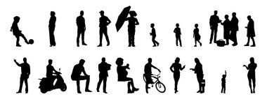 Vektör siluetleri, insanların ana hatları, Contour çizimleri, insanların siluetleri, ikon kümesi izole edilmiş, oturan insanların silueti, mimari set