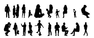 Vektör siluetleri, insanların ana hatları, Contour çizimleri, insanların siluetleri, ikon kümesi izole edilmiş, oturan insanların silueti, mimari set