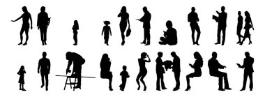 Vektör siluetleri, insanların ana hatları, Contour çizimleri, insanların siluetleri, ikon kümesi izole edilmiş, oturan insanların silueti, mimari set