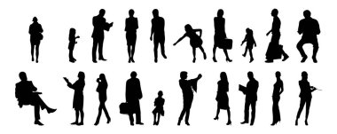 Vektör siluetleri, insanların ana hatları, Contour çizimleri, insanların siluetleri, ikon kümesi izole edilmiş, oturan insanların silueti, mimari set