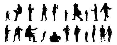 Vektör siluetleri, insanların ana hatları, Contour çizimleri, insanların siluetleri, ikon kümesi izole edilmiş, oturan insanların silueti, mimari set