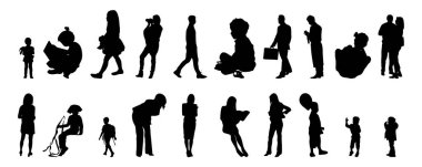 Vektör siluetleri, insanların ana hatları, Contour çizimleri, insanların siluetleri, ikon kümesi izole edilmiş, oturan insanların silueti, mimari set