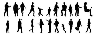 Vektör siluetleri, insanların ana hatları, Contour çizimleri, insanların siluetleri, ikon kümesi izole edilmiş, oturan insanların silueti, mimari set