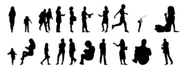 Vektör siluetleri, insanların ana hatları, Contour çizimleri, insanların siluetleri, ikon kümesi izole edilmiş, oturan insanların silueti, mimari set