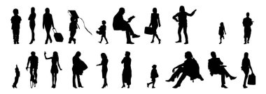 Vektör siluetleri, insanların ana hatları, Contour çizimleri, insanların siluetleri, ikon kümesi izole edilmiş, oturan insanların silueti, mimari set