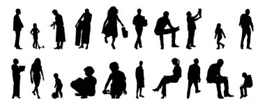 Vektör siluetleri, insanların ana hatları, Contour çizimleri, insanların siluetleri, ikon kümesi izole edilmiş, oturan insanların silueti, mimari set
