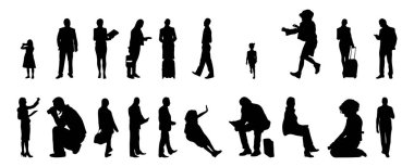 Vektör siluetleri, insanların ana hatları, Contour çizimleri, insanların siluetleri, ikon kümesi izole edilmiş, oturan insanların silueti, mimari set