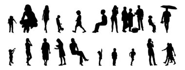 Vektör siluetleri, insanların ana hatları, Contour çizimleri, insanların siluetleri, ikon kümesi izole edilmiş, oturan insanların silueti, mimari set