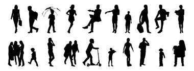 Vektör siluetleri, insanların ana hatları, Contour çizimleri, insanların siluetleri, ikon kümesi izole edilmiş, oturan insanların silueti, mimari set