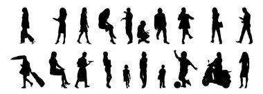 Vektör siluetleri, insanların ana hatları, Contour çizimleri, insanların siluetleri, ikon kümesi izole edilmiş, oturan insanların silueti, mimari set