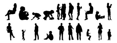 Vektör siluetleri, insanların ana hatları, Contour çizimleri, insanların siluetleri, ikon kümesi izole edilmiş, oturan insanların silueti, mimari set