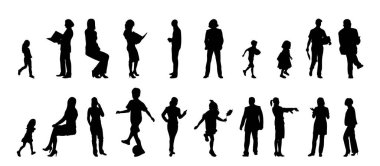 Vektör siluetleri, insanların ana hatları, Contour çizimleri, insanların siluetleri, ikon kümesi izole edilmiş, oturan insanların silueti, mimari set